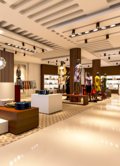 domcarre-koeln-retail-modegeschäft-innenansicht Innenansicht eines modernen Modegeschäfts mit Mannequins und Kleidung